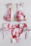 Pink Sexy Print Patchwork Frenulum Backless Swimwears (With Paddings)