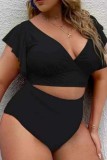 Black Pink Casual Print Solid Patchwork V Neck Plus Size Swimwear (With Paddings)