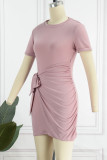 Pink Casual Solid Patchwork O Neck Short Sleeve Dress