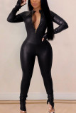 Black Fashion Sexy Solid Backless Zipper Collar Skinny Jumpsuits
