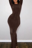 Rose Red Casual Solid Basic O Neck Long Sleeve Dresses