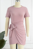 Pink Casual Solid Patchwork O Neck Short Sleeve Dress