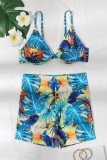 Blue Sexy Print Backless Swimwears (With Paddings)