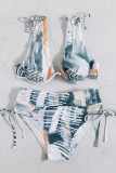 Pink Sexy Print Patchwork Frenulum Backless Swimwears (With Paddings)
