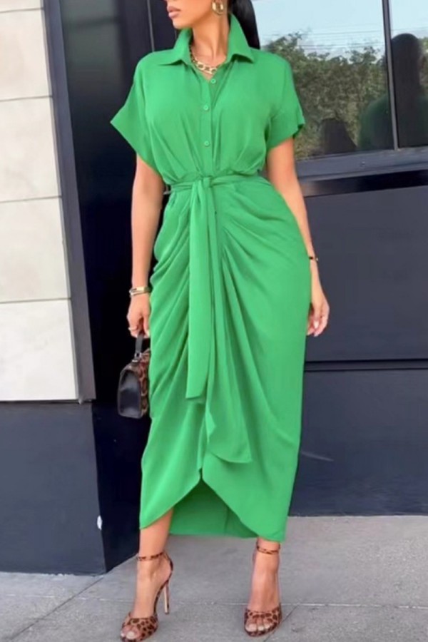 Green Casual Solid Patchwork Turndown Collar Shirt Dress Dresses