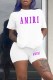 White Casual Print Letter O Neck Short Sleeve Two Pieces