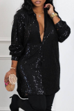 Black Street Solid Sequins Turndown Collar Shirt Dress Dresses