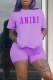Purple Casual Print Letter O Neck Short Sleeve Two Pieces