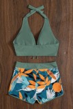 Ink Green Sexy Print Bandage Patchwork Backless Swimwears (With Paddings)