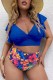 Colorful Blue Casual Print Solid Patchwork V Neck Plus Size Swimwear (With Paddings)