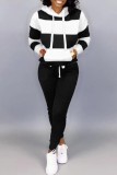 Grey Casual Striped Patchwork Hooded Collar Long Sleeve Two Pieces