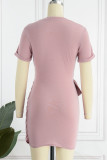 Pink Casual Solid Patchwork O Neck Short Sleeve Dress