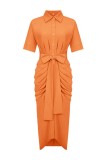 Green Casual Solid Patchwork Turndown Collar Shirt Dress Dresses