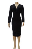 Red Sexy Solid Patchwork V Neck Long Sleeve Dresses