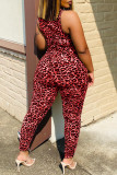 Red Sexy Casual Leopard Printing Turtleneck Skinny Jumpsuits