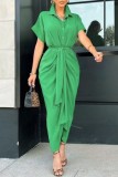 Green Casual Solid Patchwork Turndown Collar Shirt Dress Dresses