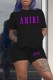 Black Casual Print Letter O Neck Short Sleeve Two Pieces