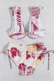 Pink Sexy Print Patchwork Frenulum Backless Swimwears (With Paddings)