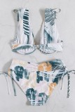 Pink Sexy Print Patchwork Frenulum Backless Swimwears (With Paddings)