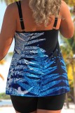Blue Sexy Print Patchwork Backless Swimwears (With Paddings)