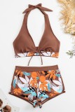 Coffee Sexy Print Bandage Patchwork Backless Swimwears (With Paddings)