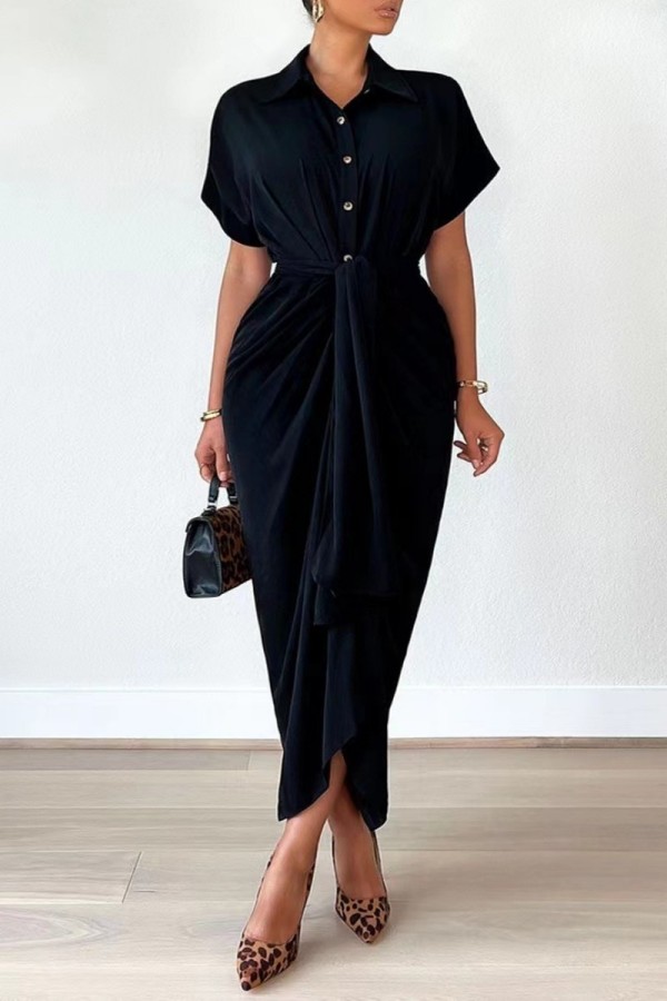 Black Casual Solid Patchwork Turndown Collar Shirt Dress Dresses