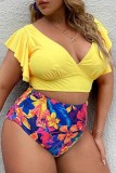 Black Casual Print Solid Patchwork V Neck Plus Size Swimwear (With Paddings)
