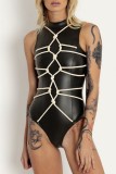 Black Sexy Solid Patchwork Half A Turtleneck Skinny Bodysuits