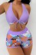 Light Purple Sexy Print Bandage Patchwork Backless Swimwears (With Paddings)
