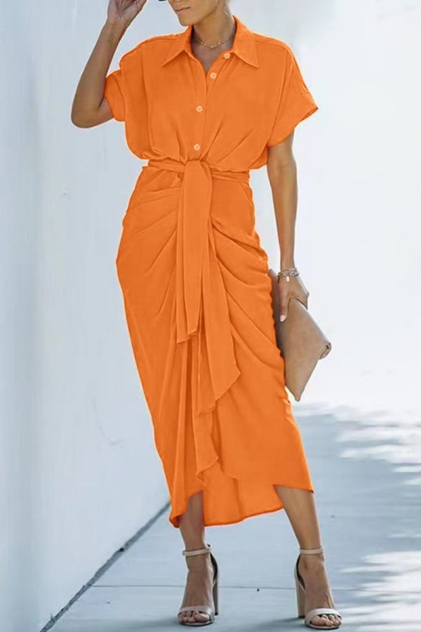 Orange Casual Solid Patchwork Turndown Collar Shirt Dress Dresses