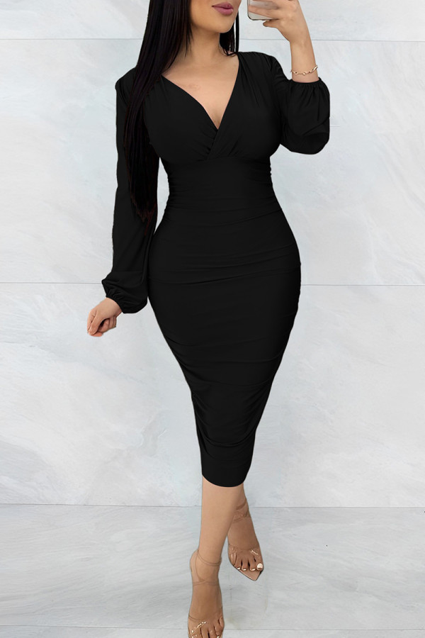 Black Sexy Solid Patchwork V Neck Long Sleeve Dresses
