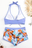 Blue Sexy Print Bandage Patchwork Backless Swimwears (With Paddings)