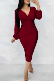 Red Sexy Solid Patchwork V Neck Long Sleeve Dresses