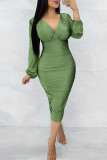 Red Sexy Solid Patchwork V Neck Long Sleeve Dresses