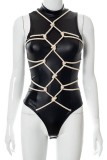 Black Sexy Solid Patchwork Half A Turtleneck Skinny Bodysuits