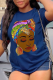 Navy Blue Vintage Print Patchwork O Neck T-Shirts