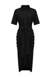 Green Casual Solid Patchwork Turndown Collar Shirt Dress Dresses