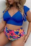 Colorful Blue Casual Print Solid Patchwork V Neck Plus Size Swimwear (With Paddings)