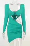 Green Sexy Solid Chains Square Collar Pencil Skirt Dresses