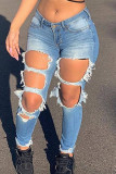 Baby Blue Fashion Casual Solid Ripped Mid Waist Regular Jeans