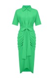 Green Casual Solid Patchwork Turndown Collar Shirt Dress Dresses