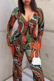 Green Casual Print Patchwork V Neck Long Sleeve Two Pieces