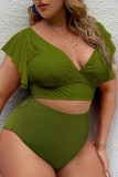 Army Green Casual Print Solid Patchwork V Neck Plus Size Swimwear (With Paddings)