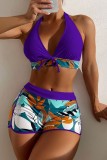 Ink Green Sexy Print Bandage Patchwork Backless Swimwears (With Paddings)