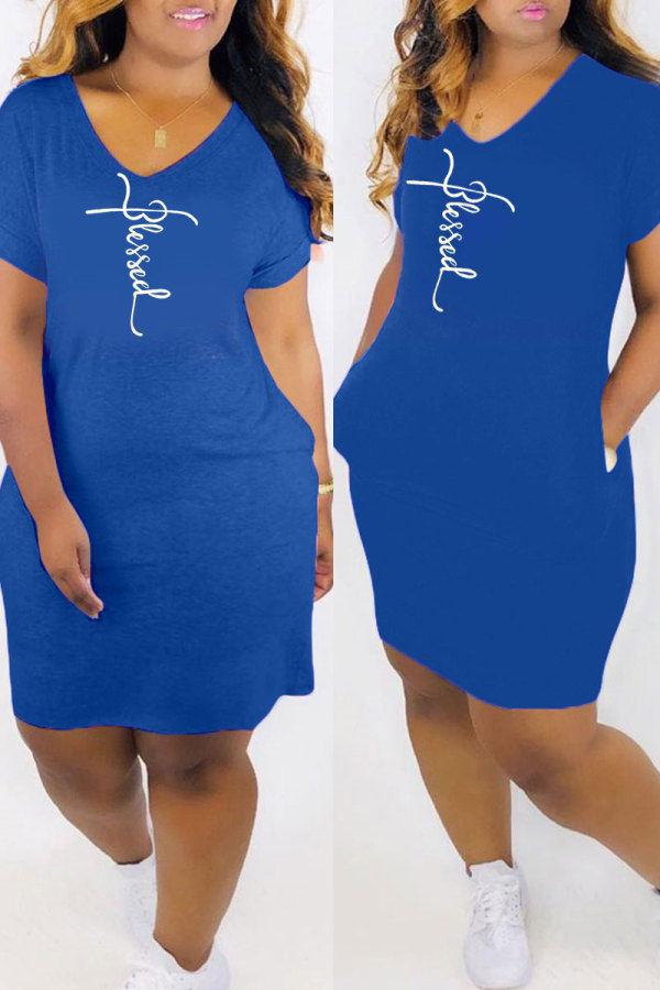 Blue Fashion Casual Print Basic V Neck Short Sleeve Dress