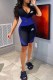 Peacock Blue Sportswear Print Patchwork Zipper Collar Short Sleeve Two Pieces