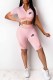 Pink Sportswear Print Patchwork Zipper Collar Short Sleeve Two Pieces