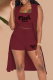 Burgundy Fashion Print Patchwork Cardigan Collar Sleeveless Three Pieces