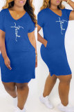 Pink Fashion Casual Print Basic V Neck Short Sleeve Dress