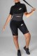 Black Sportswear Print Patchwork Zipper Collar Short Sleeve Two Pieces